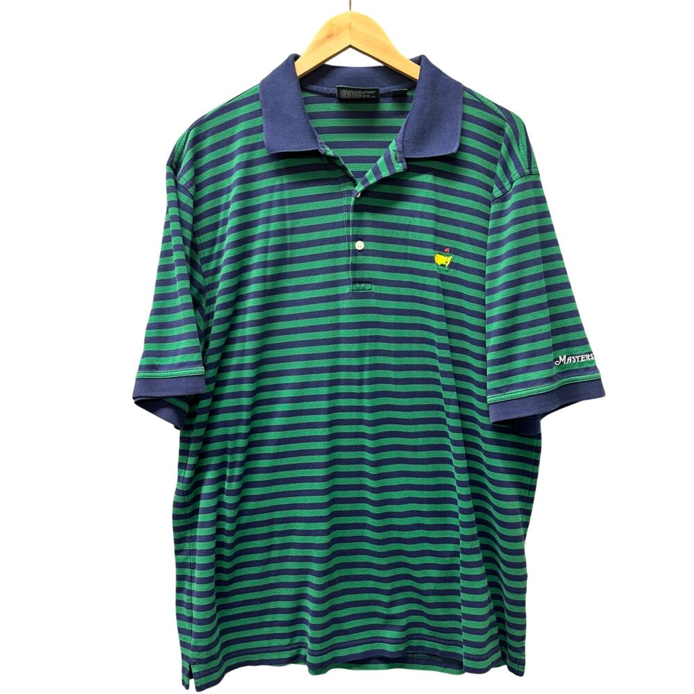 Masters Collection Polo Mens XL Green Blue Stripe Shirt 60's 2 Ply Vintage